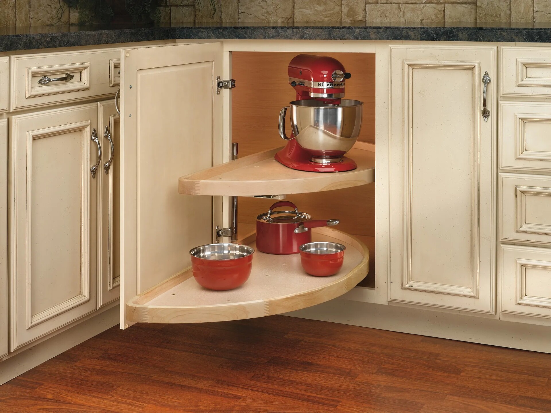 Rev-A-Shelf - 18" x 38" Lazy Susan Half-Moon Wood 2 Shelf (Pivot and Slide)